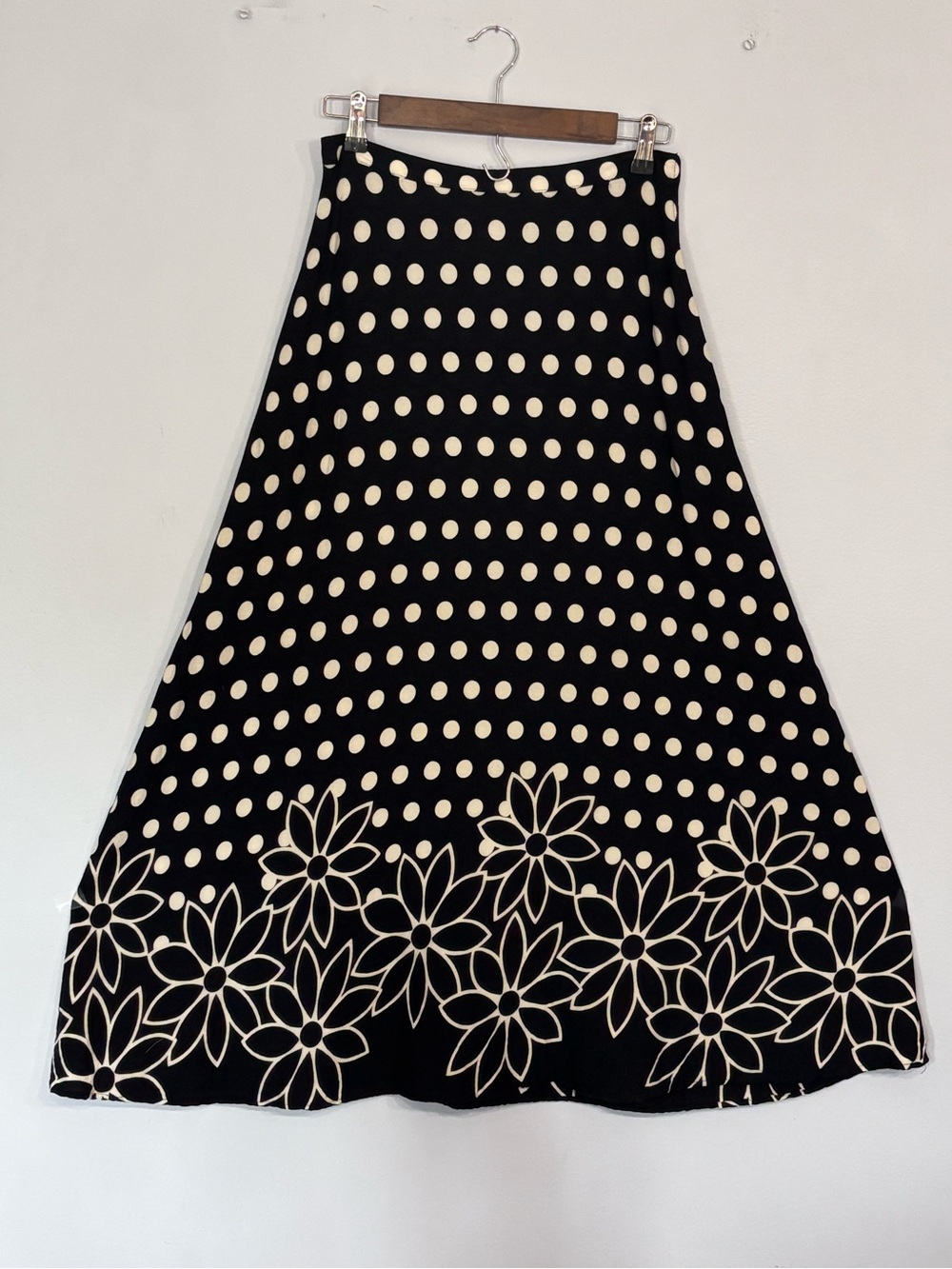 Vintage Tasha Polizzi Rayon Black White Polka Dot Floral Maxi Full Skirt Medium